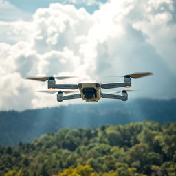 A high-tech drone soaring above a lush, green landscape, capturing stunning aerial views