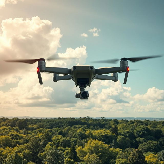 A high-tech drone soaring above a lush, green landscape, capturing stunning aerial views