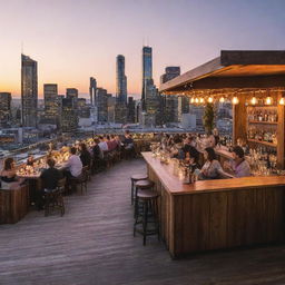 A bustling rooftop bar during sunset with city skyline in the backdrop. Includes features such as fairy lights, stylish furniture, a wooden bar counter, a lounge area, and patrons enjoying their drinks.