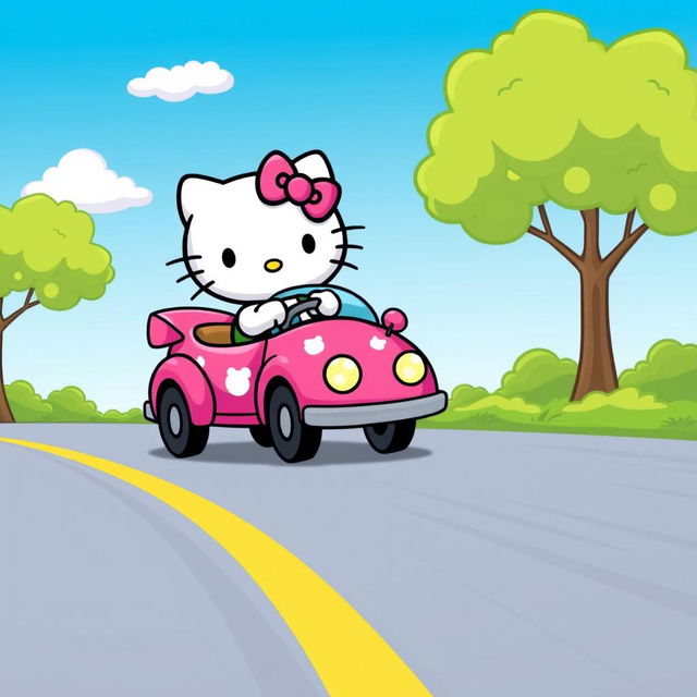 A cute, cartoon-style depiction of Hello Kitty driving a colorful car along a straight road