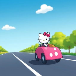 A cute, cartoon-style depiction of Hello Kitty driving a colorful car along a straight road