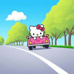 A cute, cartoon-style depiction of Hello Kitty driving a colorful car along a straight road