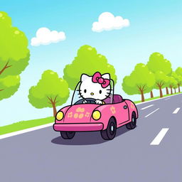 A cute, cartoon-style depiction of Hello Kitty driving a colorful car along a straight road