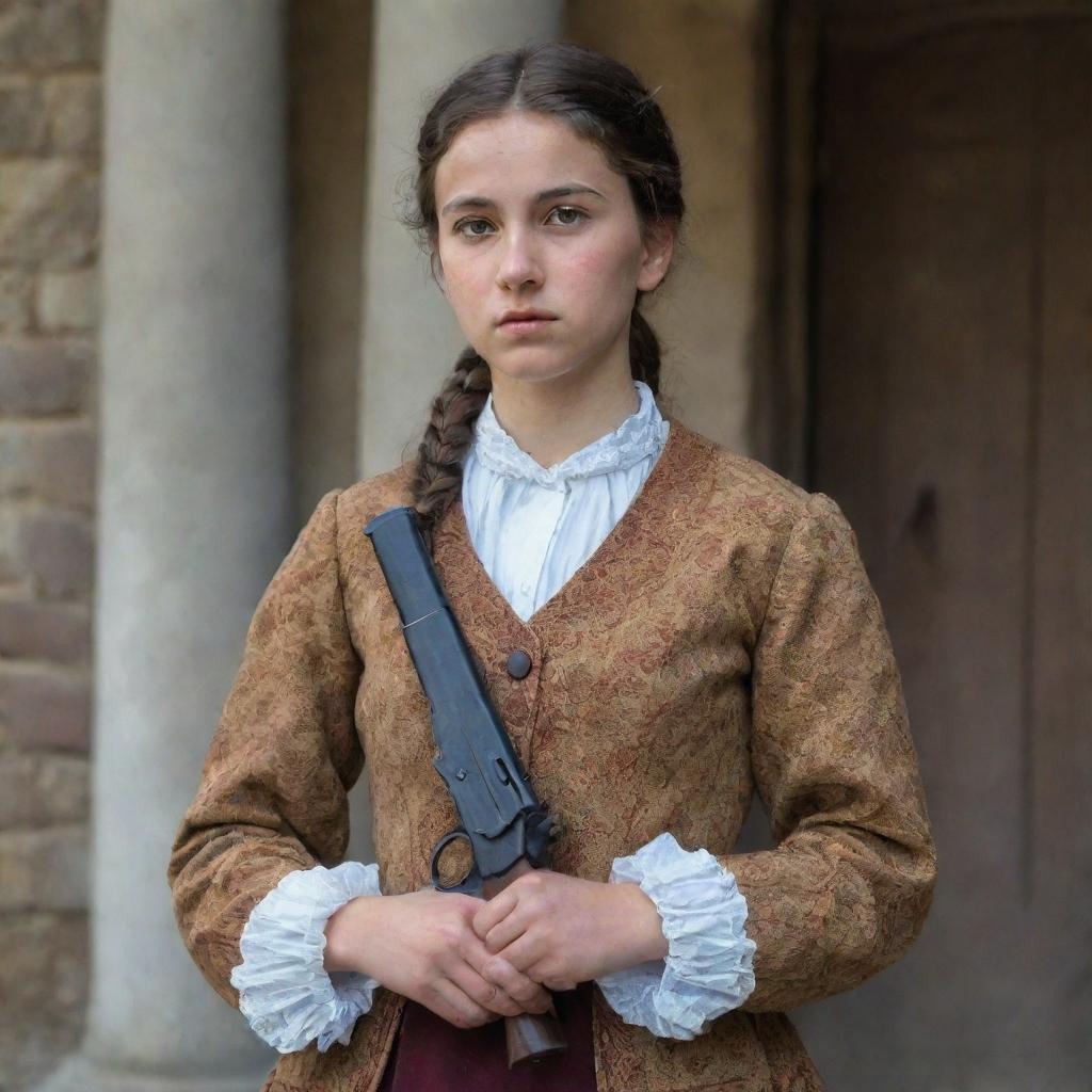 A Georgian girl in traditional attire confidently hold a vintage firearm. Her face shows determination and strength, reflecting the power of her character against a backdrop of rustic Georgian architecture.