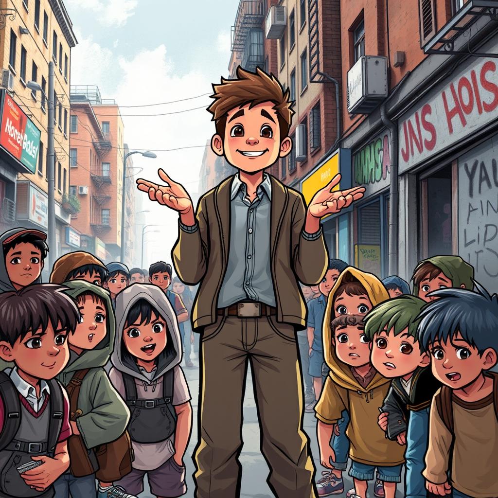 A powerful book cover illustration showing a successful young boy standing confidently on a busy urban street