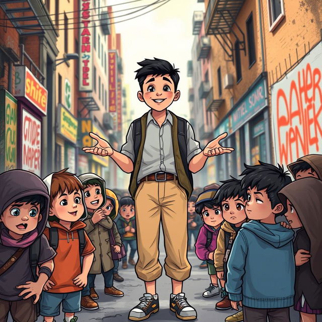 A powerful book cover illustration showing a successful young boy standing confidently on a busy urban street