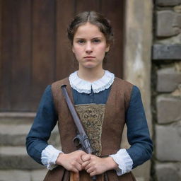 A Georgian girl in traditional attire confidently hold a vintage firearm. Her face shows determination and strength, reflecting the power of her character against a backdrop of rustic Georgian architecture.