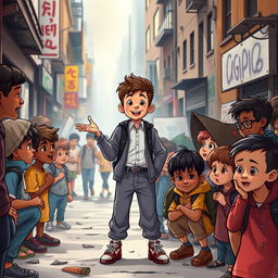 A powerful book cover illustration showing a successful young boy standing confidently on a busy urban street