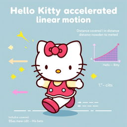 A vibrant illustration of Hello Kitty engaging in uniformly accelerated linear motion