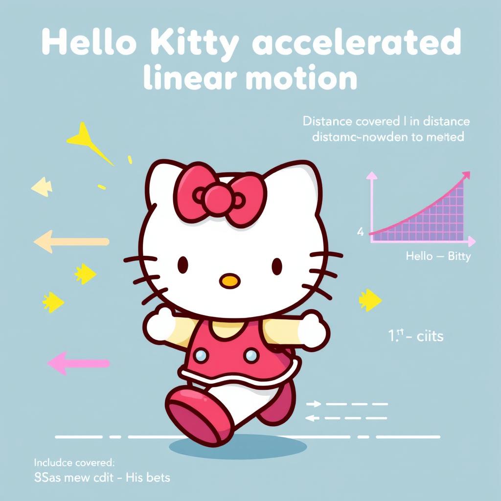 A vibrant illustration of Hello Kitty engaging in uniformly accelerated linear motion