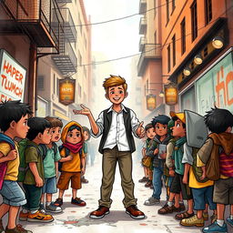 A powerful book cover illustration showing a successful young boy standing confidently on a busy urban street