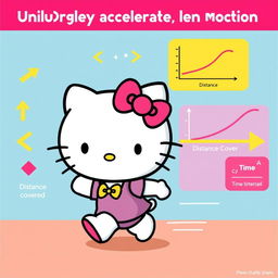 A vibrant illustration of Hello Kitty engaging in uniformly accelerated linear motion