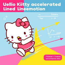 A vibrant illustration of Hello Kitty engaging in uniformly accelerated linear motion