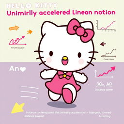 A vibrant illustration of Hello Kitty engaging in uniformly accelerated linear motion