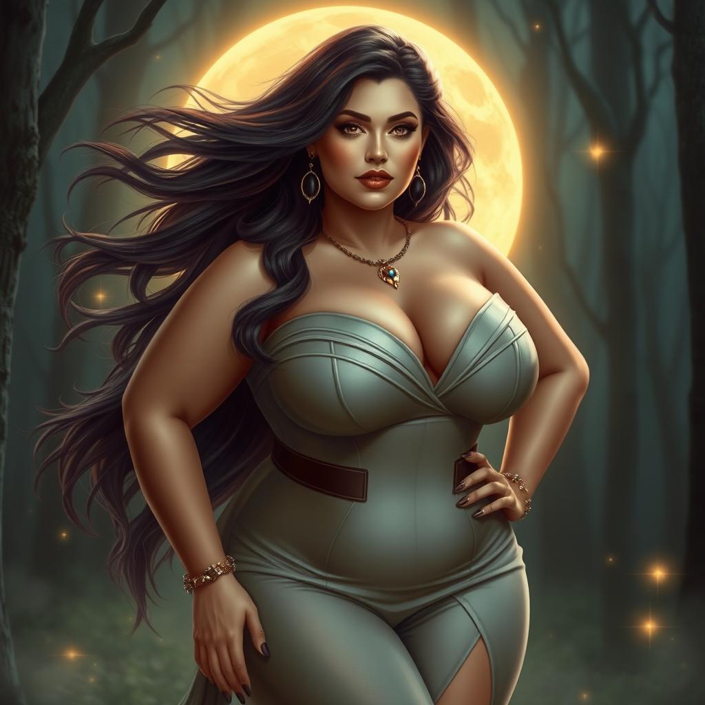 A plus-size woman embodying the confidence and sensuality of Lilith, with flowing hair, dressed in a stylish, form-fitting outfit that accentuates her curves