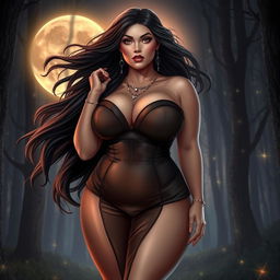 A plus-size woman embodying the confidence and sensuality of Lilith, with flowing hair, dressed in a stylish, form-fitting outfit that accentuates her curves