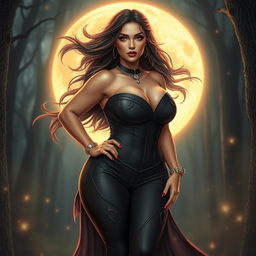 A plus-size woman embodying the confidence and sensuality of Lilith, with flowing hair, dressed in a stylish, form-fitting outfit that accentuates her curves