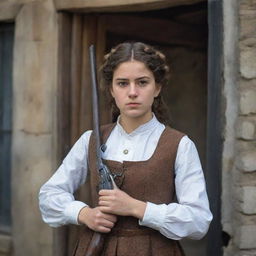 A Georgian girl in traditional attire confidently hold a vintage firearm. Her face shows determination and strength, reflecting the power of her character against a backdrop of rustic Georgian architecture.