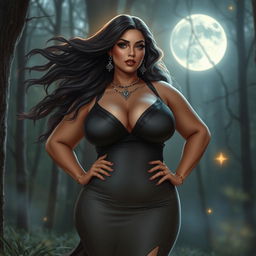 A plus-size woman embodying the confidence and sensuality of Lilith, with flowing hair, dressed in a stylish, form-fitting outfit that accentuates her curves