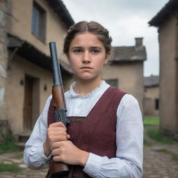 A Georgian girl in traditional attire confidently hold a vintage firearm. Her face shows determination and strength, reflecting the power of her character against a backdrop of rustic Georgian architecture.