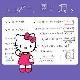 An engaging illustration of Hello Kitty explaining the formulas for calculating velocity, acceleration, and time in uniformly accelerated linear motion