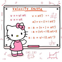 An engaging illustration of Hello Kitty explaining the formulas for calculating velocity, acceleration, and time in uniformly accelerated linear motion