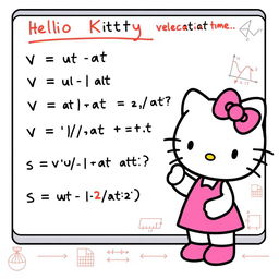 An engaging illustration of Hello Kitty explaining the formulas for calculating velocity, acceleration, and time in uniformly accelerated linear motion