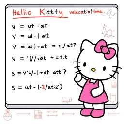 An engaging illustration of Hello Kitty explaining the formulas for calculating velocity, acceleration, and time in uniformly accelerated linear motion