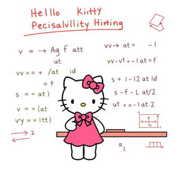 An engaging illustration of Hello Kitty explaining the formulas for calculating velocity, acceleration, and time in uniformly accelerated linear motion