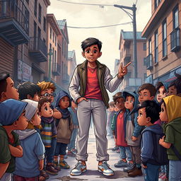 A captivating book cover illustration depicting a confident and successful young boy, around 12 years old, standing tall and inspirational in an urban environment