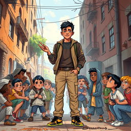 A captivating book cover illustration depicting a confident and successful young boy, around 12 years old, standing tall and inspirational in an urban environment