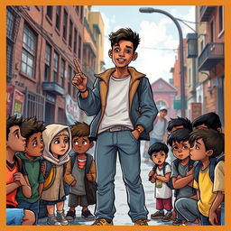 A captivating book cover illustration depicting a confident and successful young boy, around 12 years old, standing tall and inspirational in an urban environment