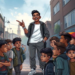 A captivating book cover illustration depicting a confident and successful young boy, around 12 years old, standing tall and inspirational in an urban environment