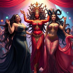 A vibrant celebration featuring plus-size sexy goddesses Lilith, Kali, and Medusa in a lively atmosphere