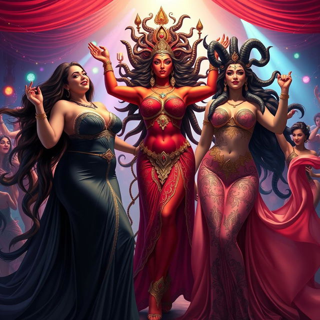 A vibrant celebration featuring plus-size sexy goddesses Lilith, Kali, and Medusa in a lively atmosphere