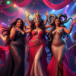 A vibrant celebration featuring plus-size sexy goddesses Lilith, Kali, and Medusa in a lively atmosphere