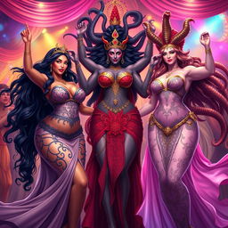 A vibrant celebration featuring plus-size sexy goddesses Lilith, Kali, and Medusa in a lively atmosphere