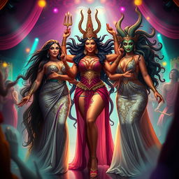 A vibrant celebration featuring plus-size sexy goddesses Lilith, Kali, and Medusa in a lively atmosphere