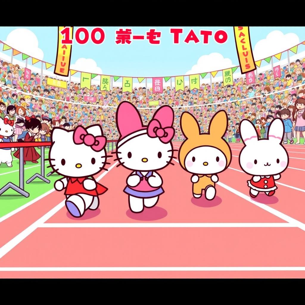 An exciting illustration of Sanrio characters participating in a 100-meter flat race