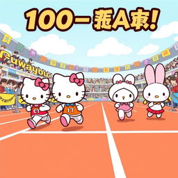 An exciting illustration of Sanrio characters participating in a 100-meter flat race