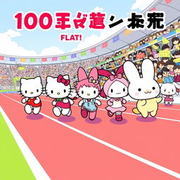 An exciting illustration of Sanrio characters participating in a 100-meter flat race