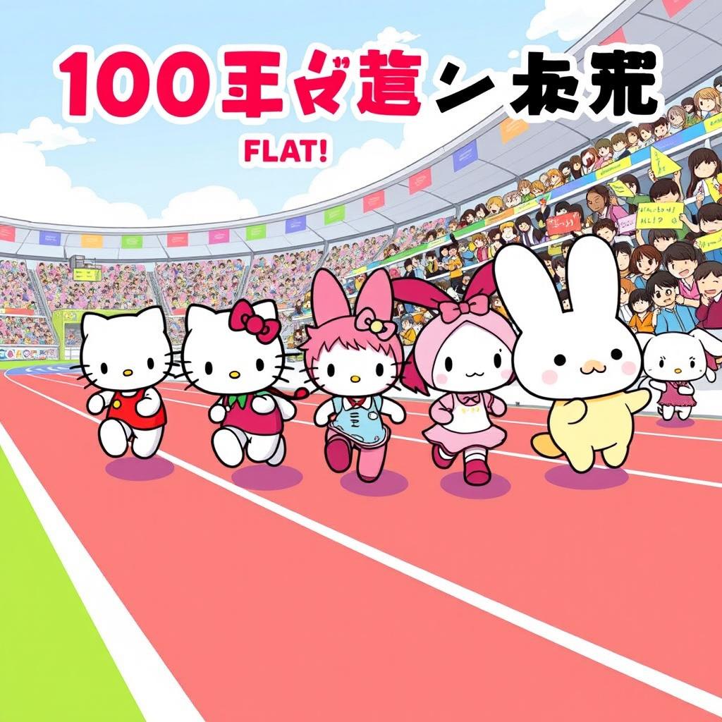 An exciting illustration of Sanrio characters participating in a 100-meter flat race