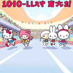 An exciting illustration of Sanrio characters participating in a 100-meter flat race