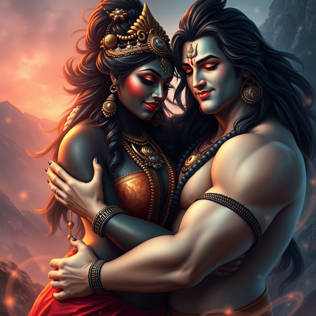 A captivating and intimate depiction of a plus-size goddess Kali and a plus-size Lord Shiva in a romantic embrace, surrounded by a mystical aura