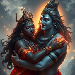 A captivating and intimate depiction of a plus-size goddess Kali and a plus-size Lord Shiva in a romantic embrace, surrounded by a mystical aura