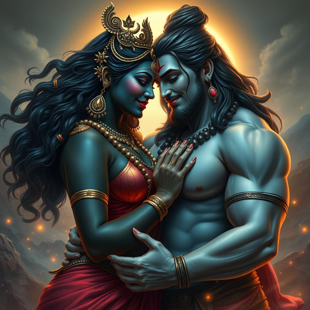 A captivating and intimate depiction of a plus-size goddess Kali and a plus-size Lord Shiva in a romantic embrace, surrounded by a mystical aura