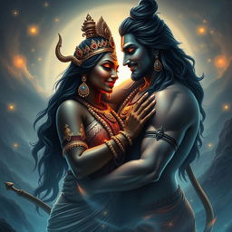 A captivating and intimate depiction of a plus-size goddess Kali and a plus-size Lord Shiva in a romantic embrace, surrounded by a mystical aura