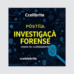 An in-depth, visually appealing ebook cover for a forensic investigation manual titled 'Apostila: Investigação Forense com o Software Cellebrite'