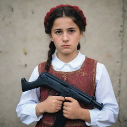 A Georgian girl in traditional attire, holding an Uzi submachine gun with a determined expression. No violence or harm is intended in this scene.