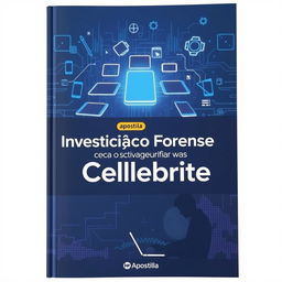 An engaging and visually detailed cover of a handbook titled 'Apostila: Investigação Forense com o Software Cellebrite'